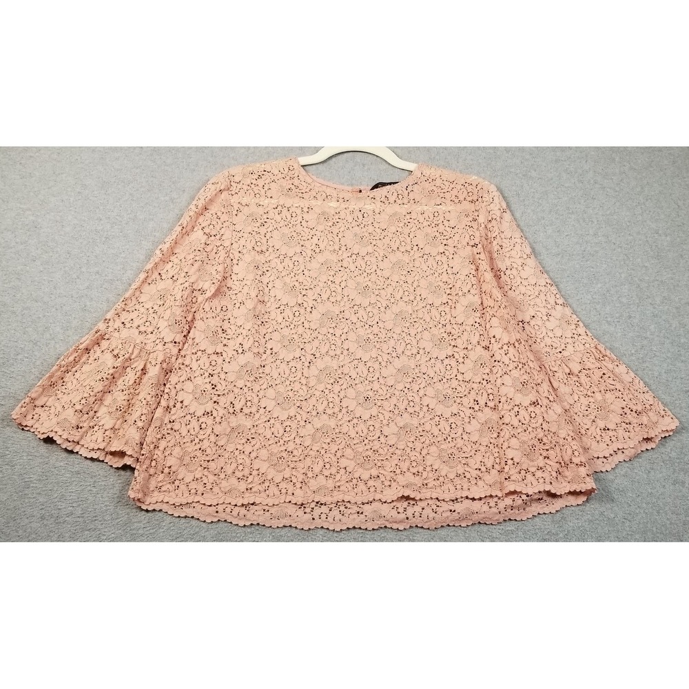 ZARA Top Women's Large L Pink Floral Lace 3/4 Bell Sleeves Sheer Romantic Date
